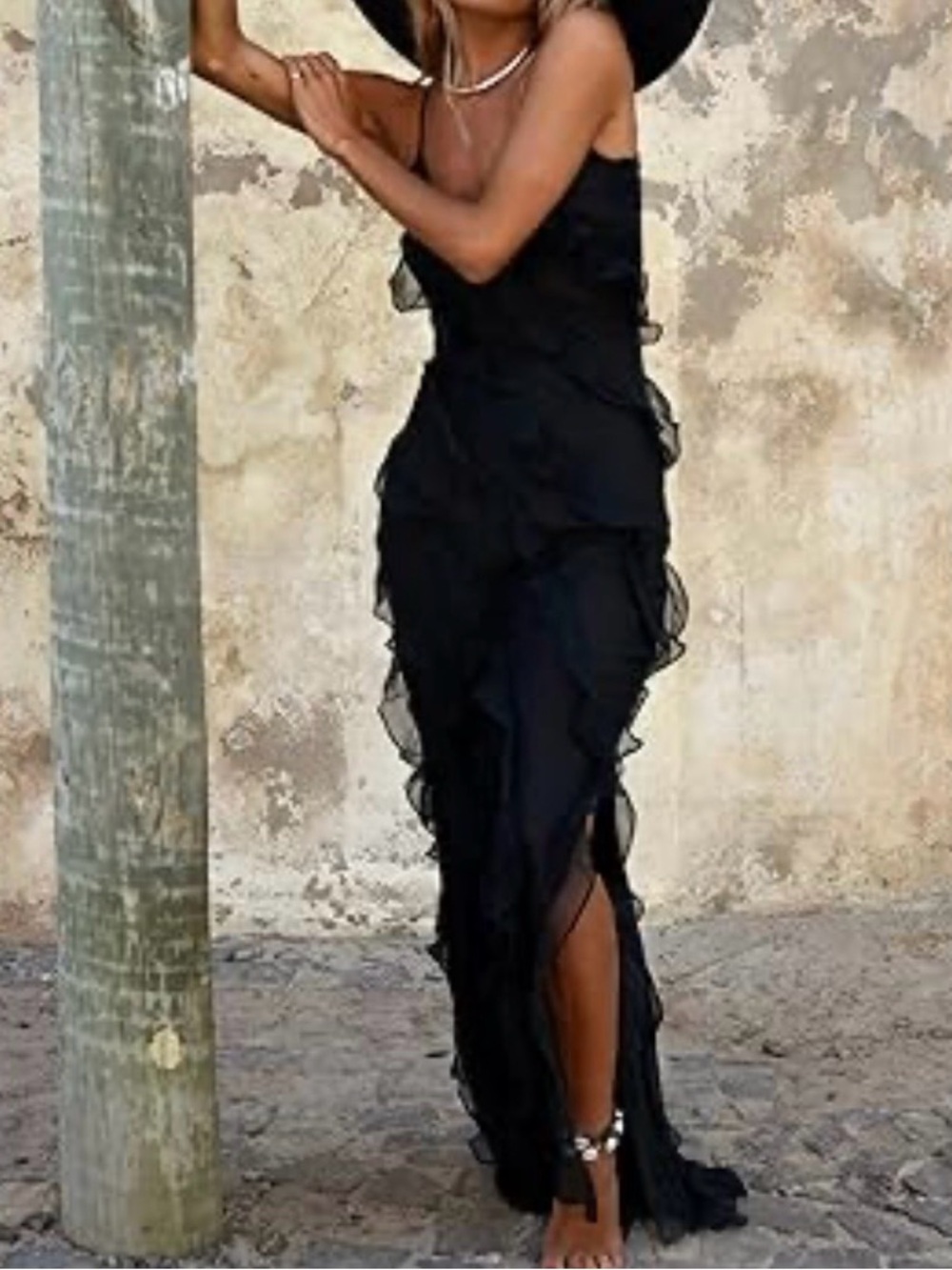 Paris Hilton Elegant Black Ruffle Maxi Dress for Women